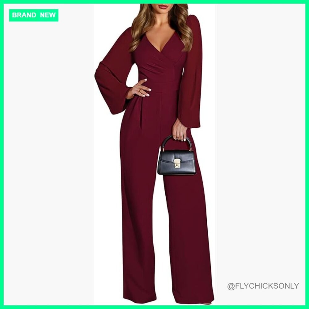 Patchwork Chiffon Sleeve V Neck Wide Leg Jumpsuit Elegant Party Outfit